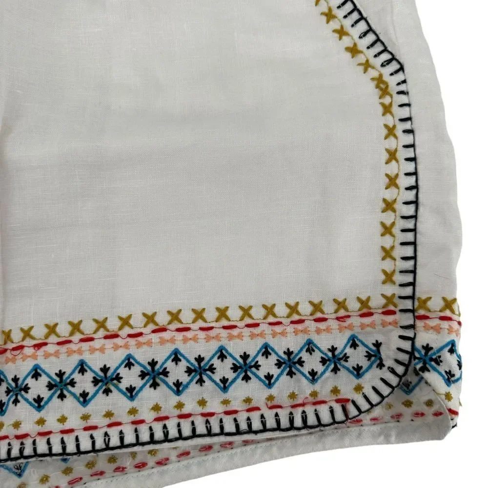 Artisan NY Linen Shorts White Embroidered Bohemian Tassel Size S Elastic Waist